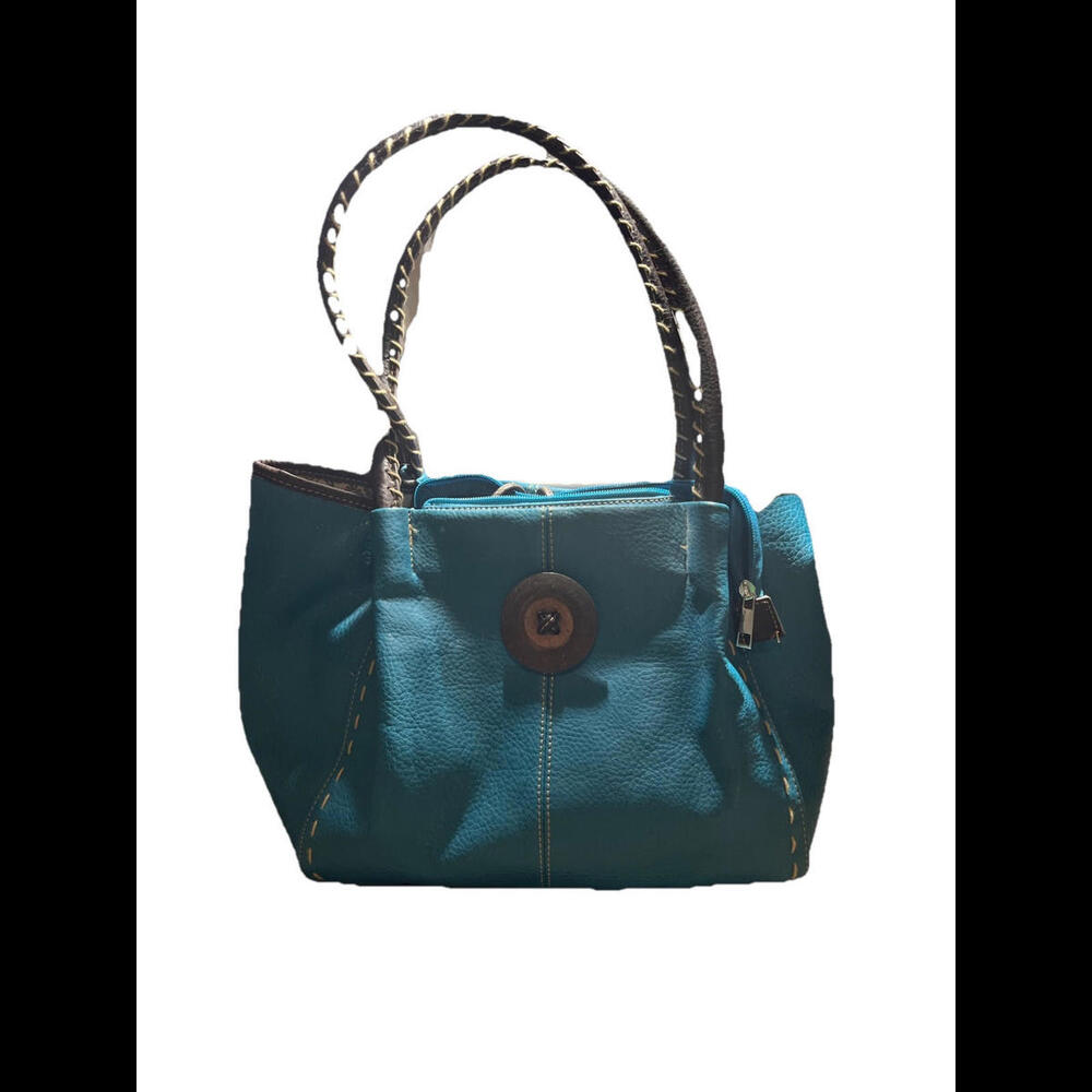 Blue Turquoise Medium Faux Leather Shoulder Bag Purse Zip & Button Closure